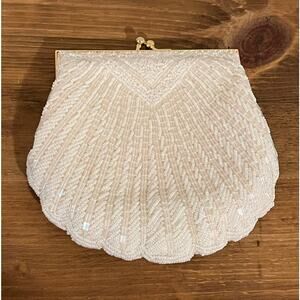 Vintage Beaded Shell Clutch Art Deco Evening Purse Pearl White Bridal Handbag